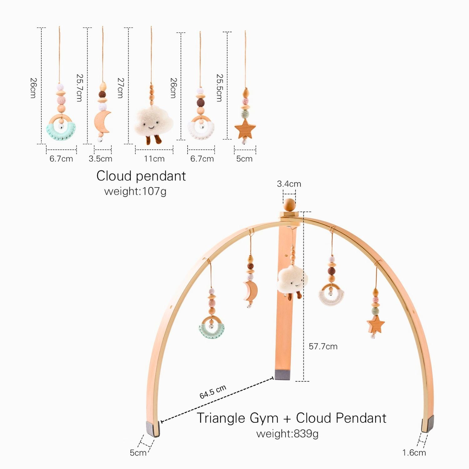 Wooden baby play gym with hanging toys rattles measurments.