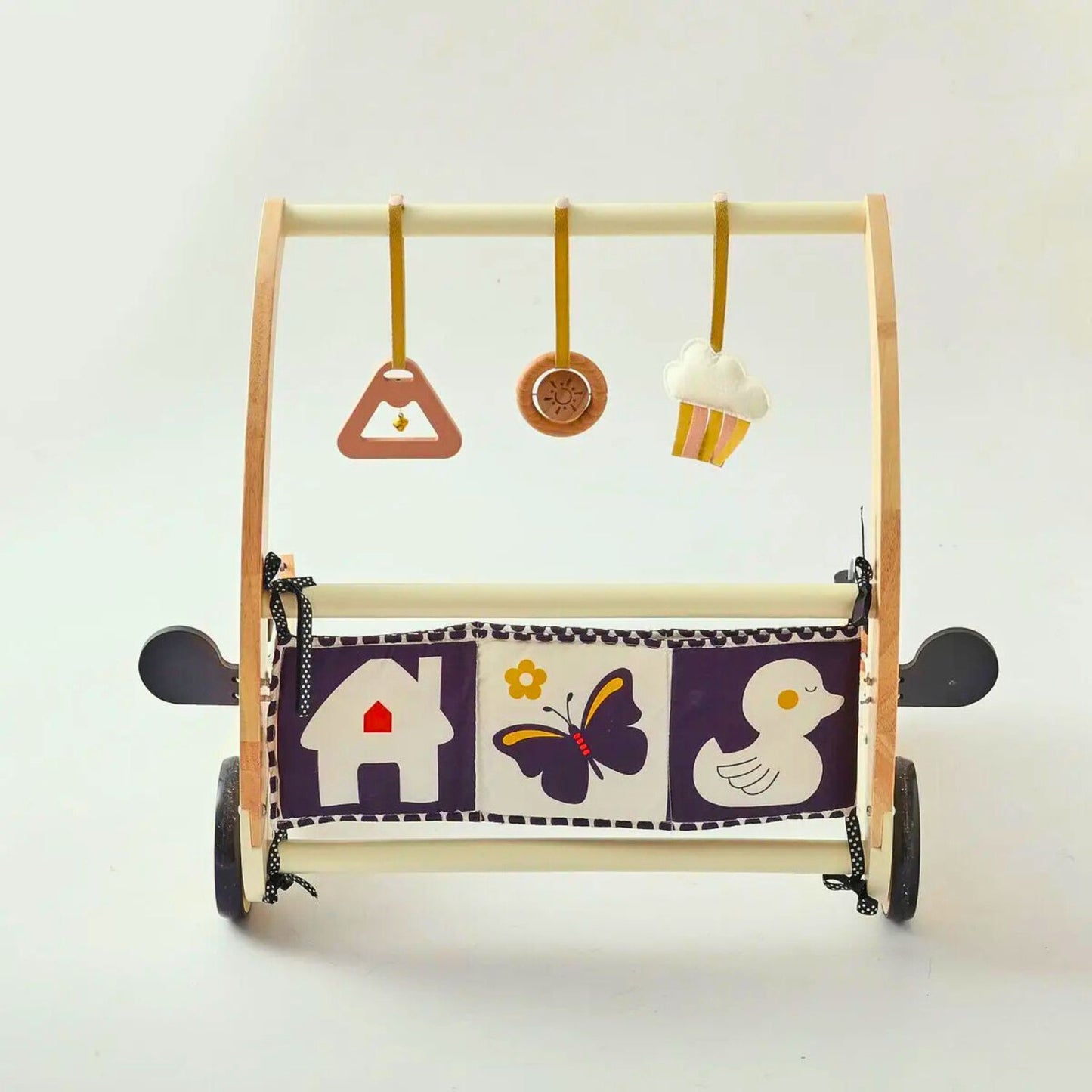 Wooden baby walker with baby play gym