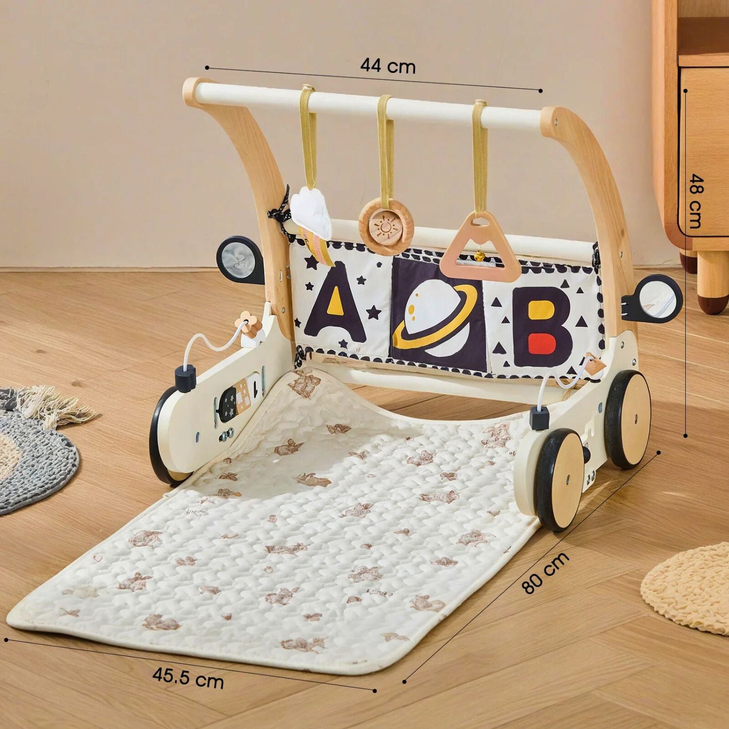 Wooden baby walker with baby play gym and pay mat measurments