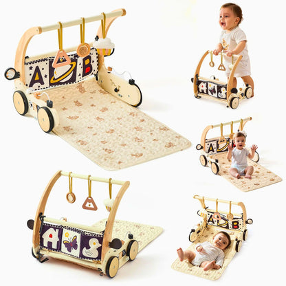 Wooden baby walker with baby play gym and pay mat with baby