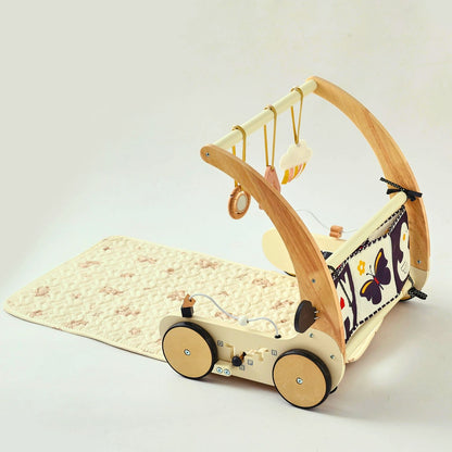 Wooden baby walker with baby play gym and pay mat