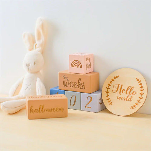 Wooden baby milestone blocks blue and natural wood color