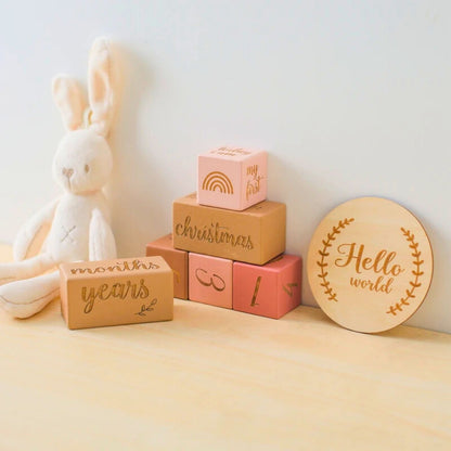 Wooden baby milestone blocks pink and natural wood color