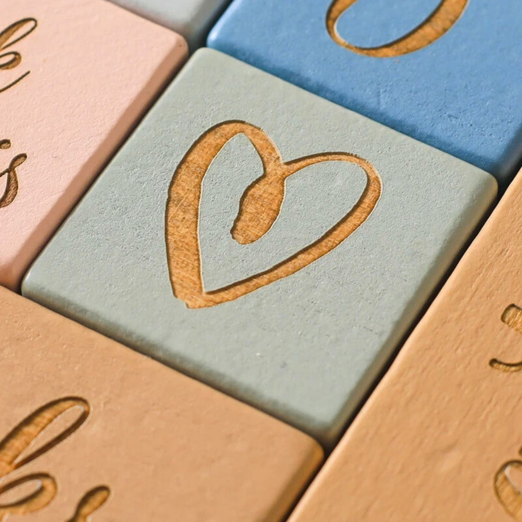 Wooden baby milestone blocks blue and natural wood color