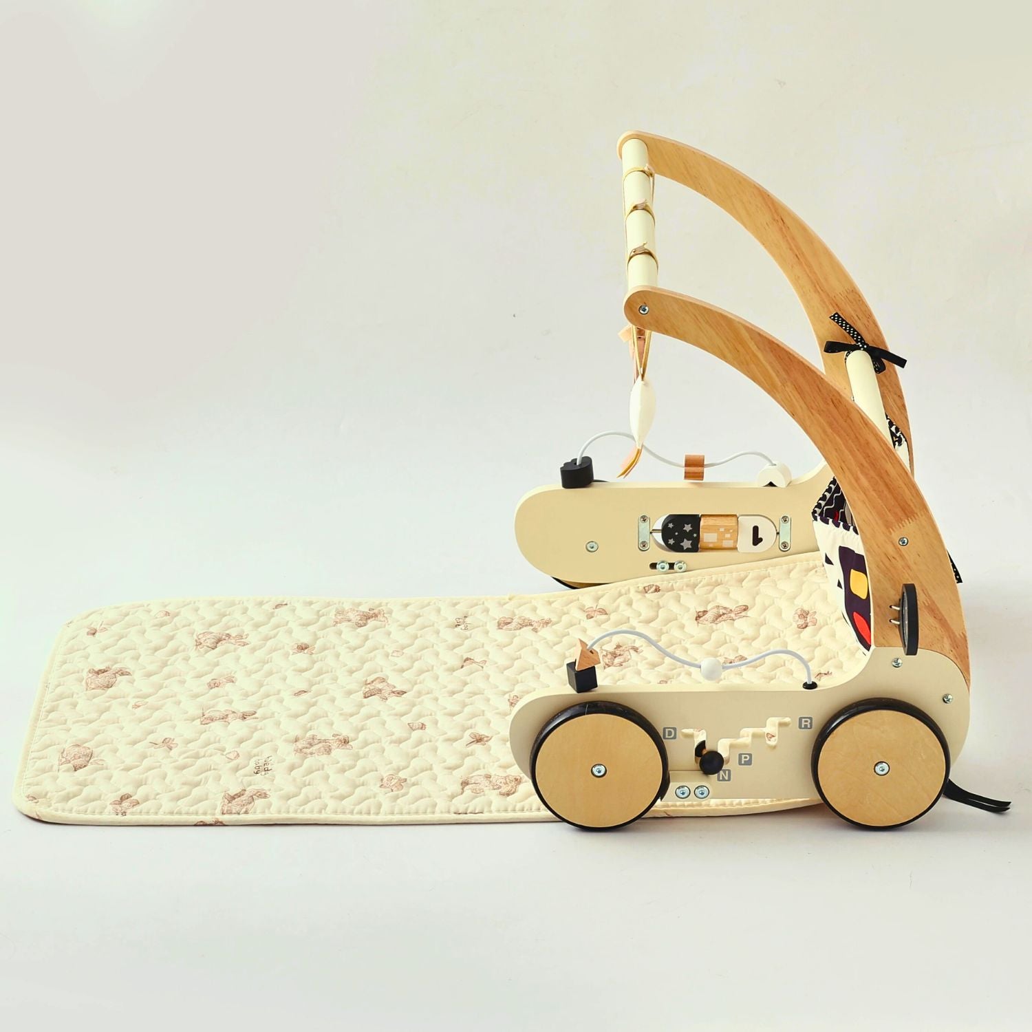 Wooden baby walker with baby play gym and pay mat