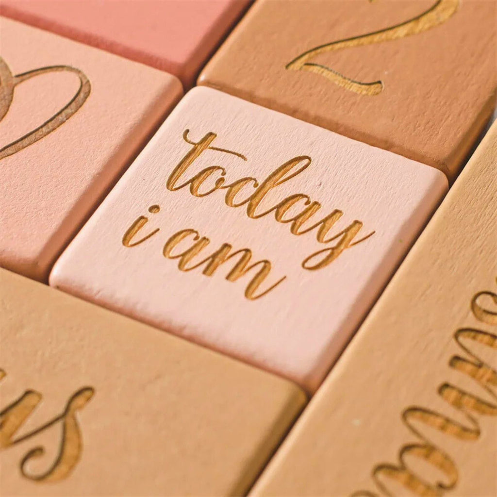 Wooden baby milestone blocks pink and natural wood color