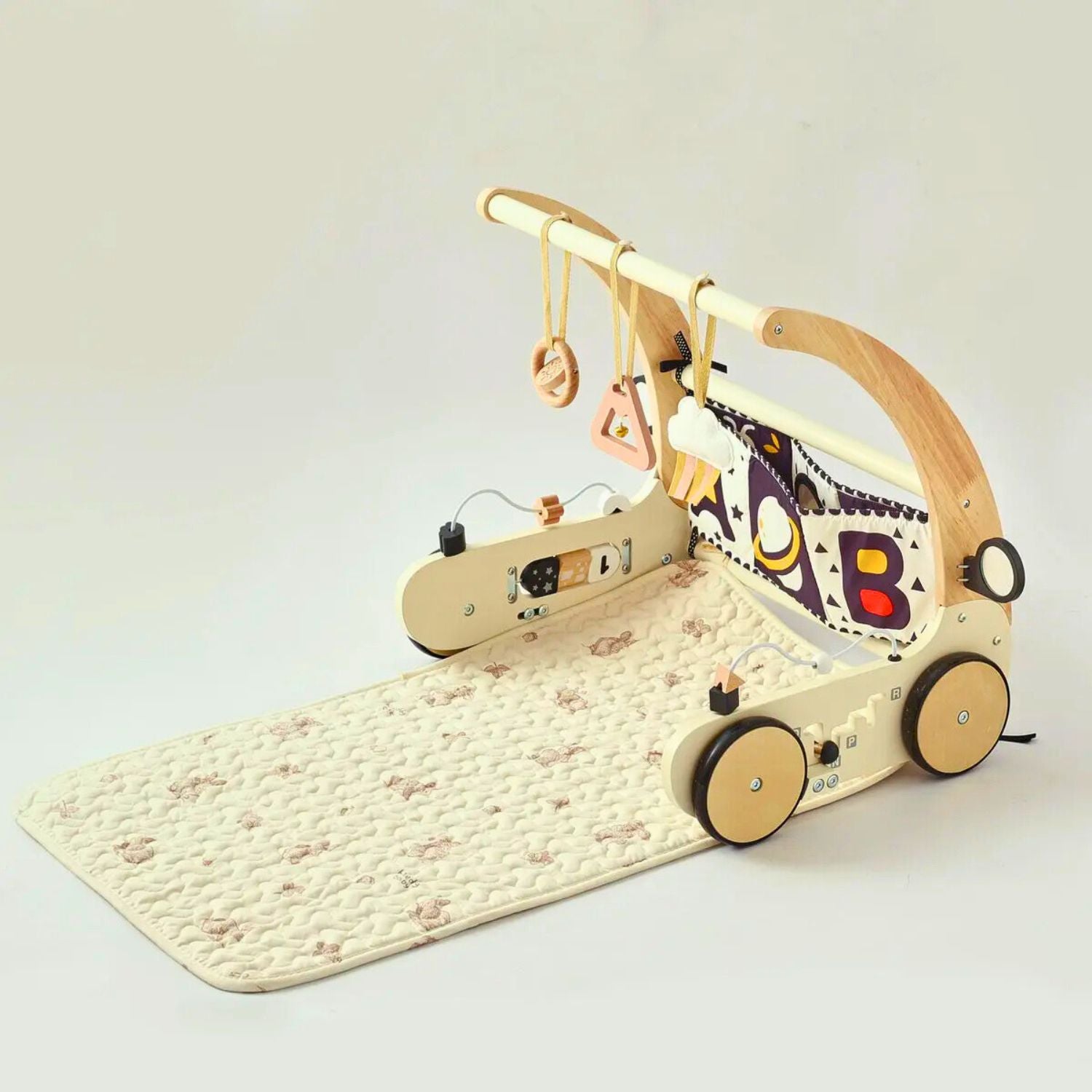 Wooden baby walker with baby play gym and pay mat