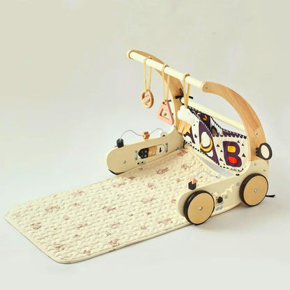 Wooden baby walker with baby play gym and pay mat