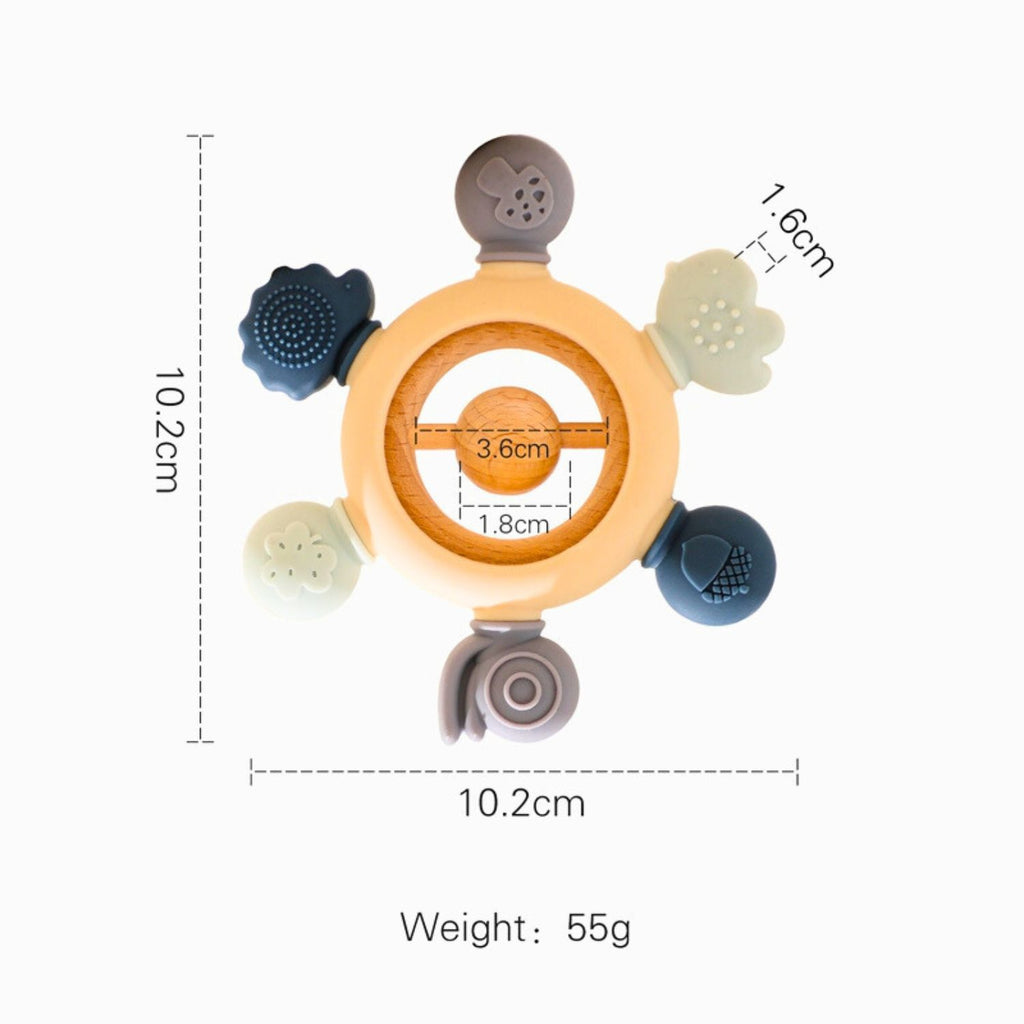 Baby silicone teether color blue with wooden ring and rattle measurement