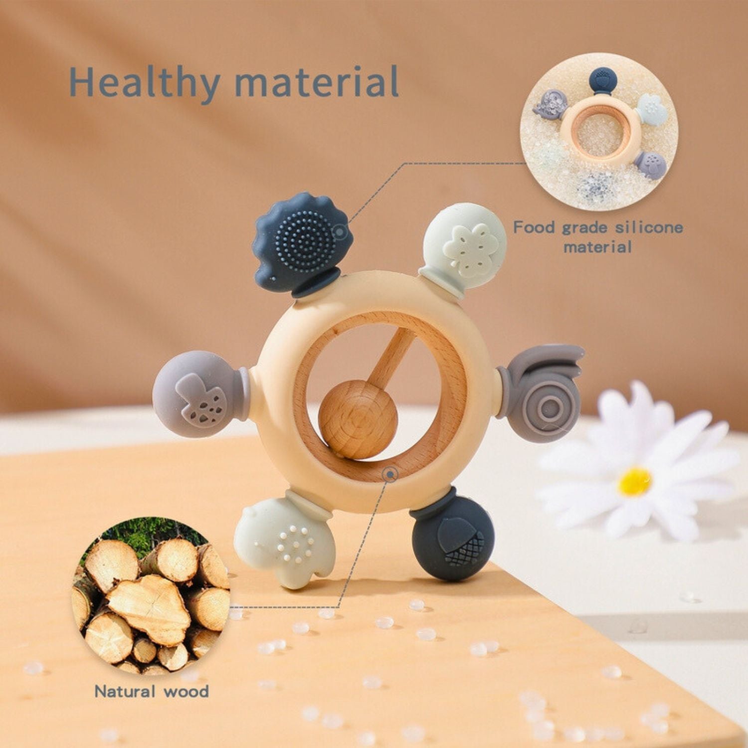 Baby silicone teether color blue with wooden ring and rattle features