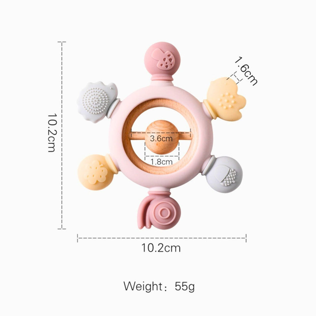 Baby silicone teether color pink with wooden ring and rattle measurement
