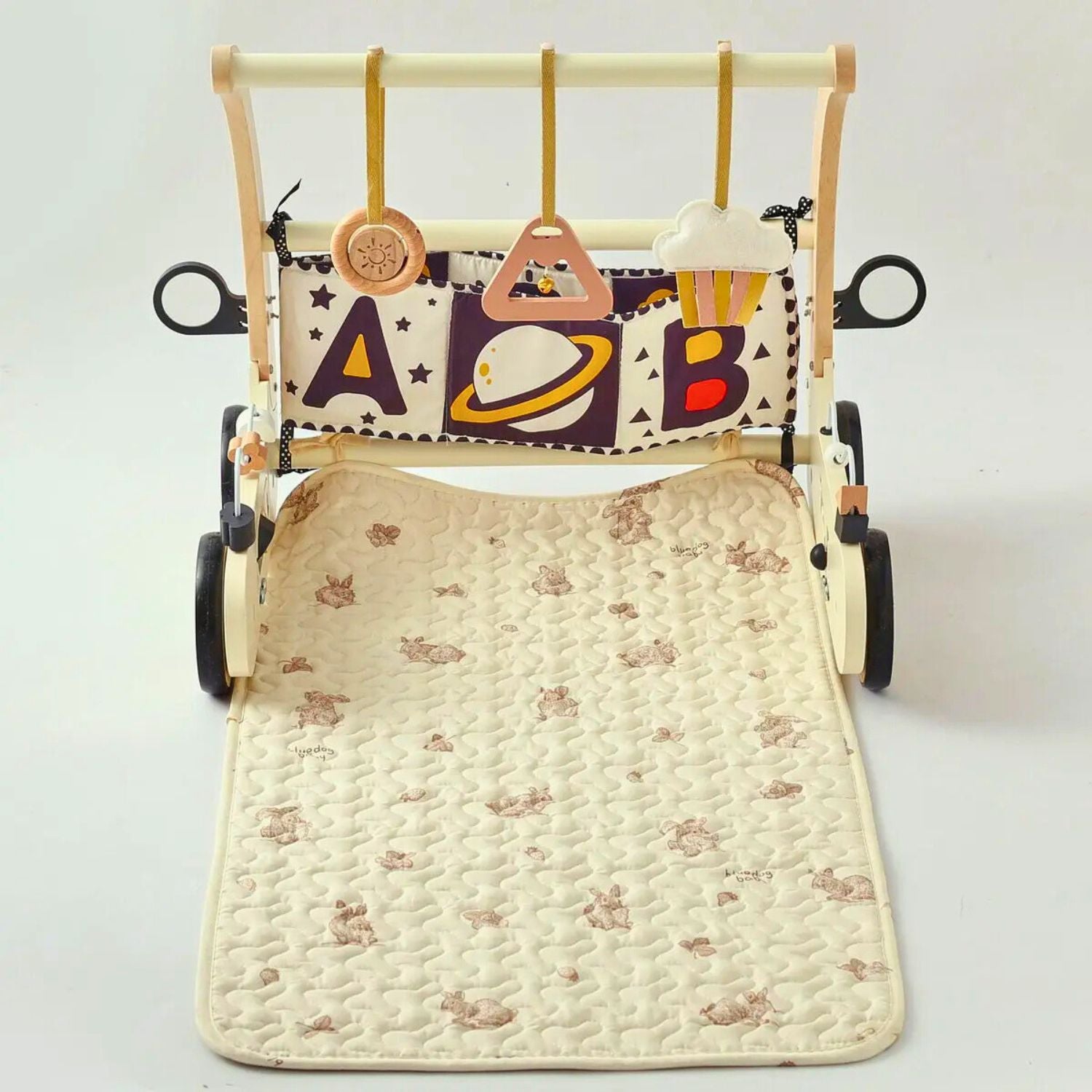 Wooden baby walker with baby play gym and pay mat