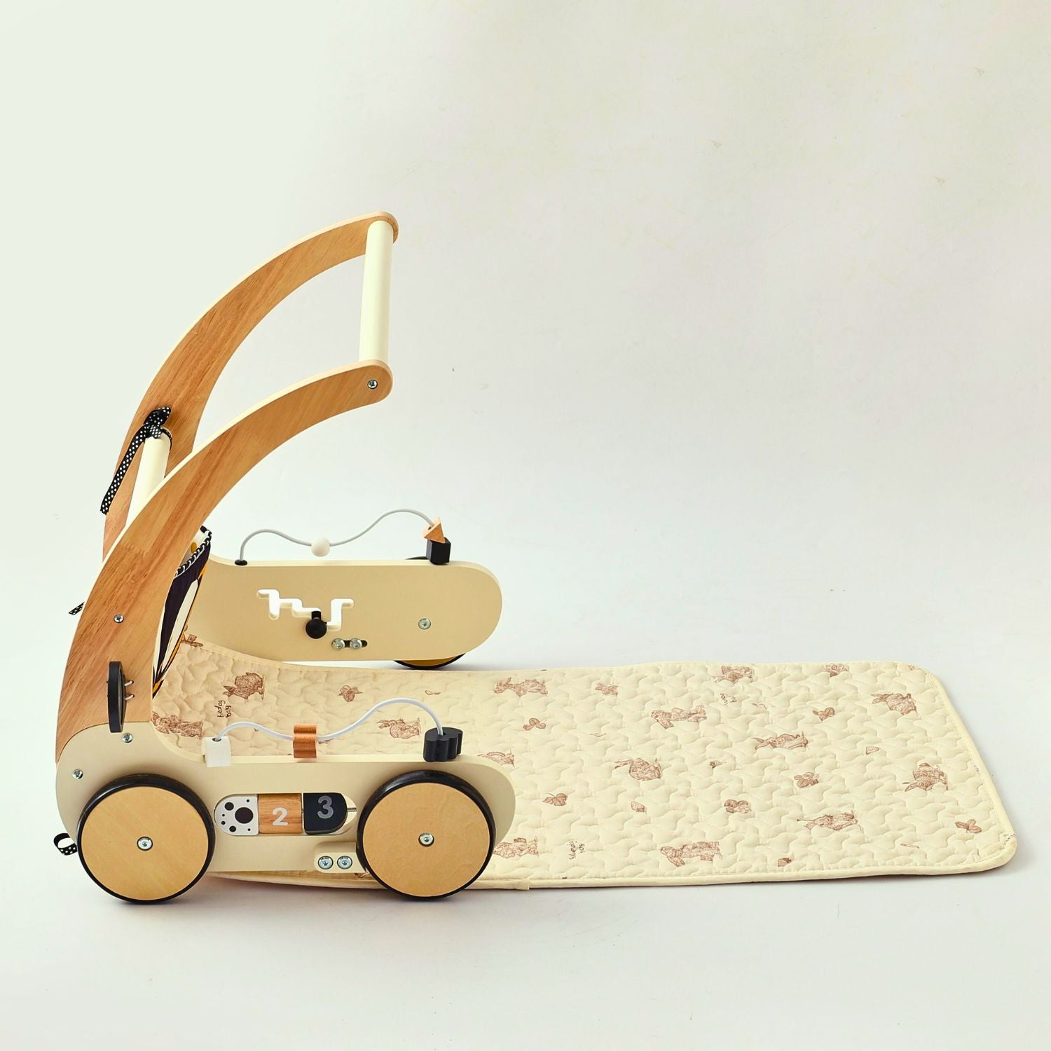 Wooden baby walker with baby play gym and pay mat