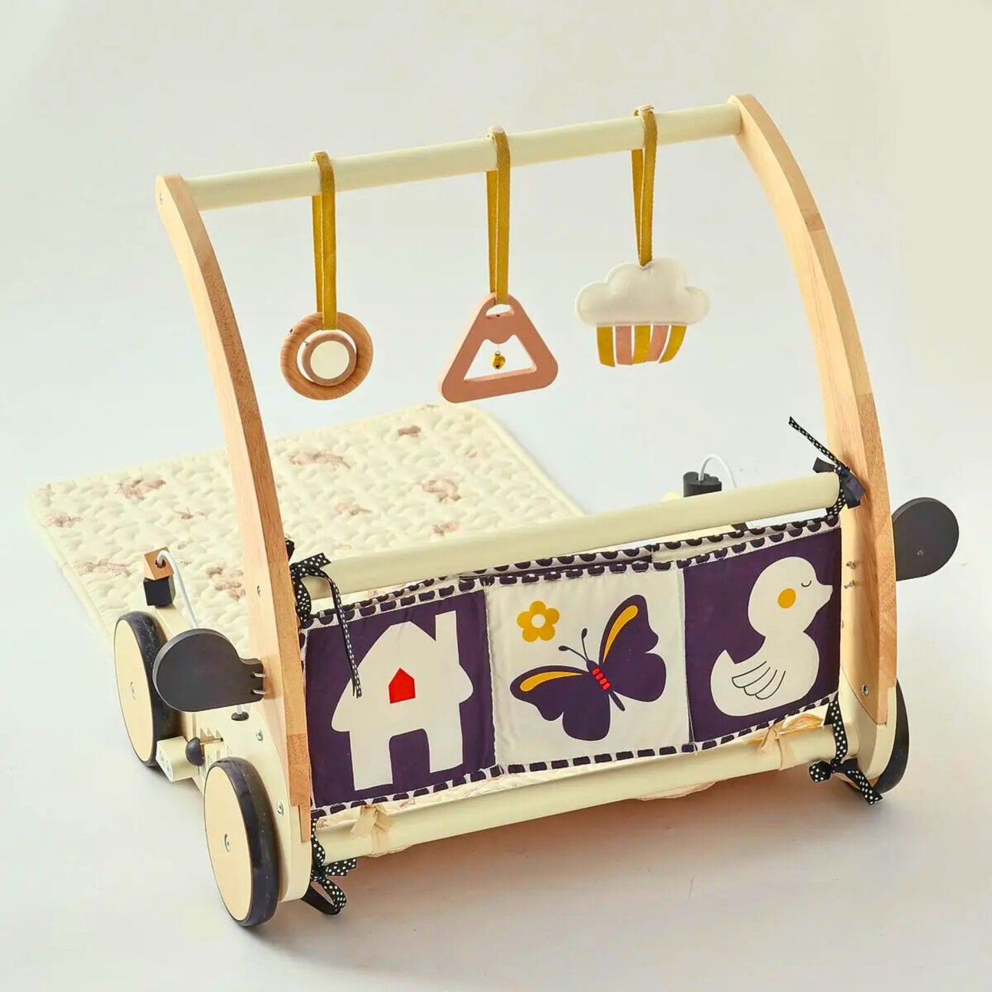 Wooden baby walker with baby play gym and pay mat