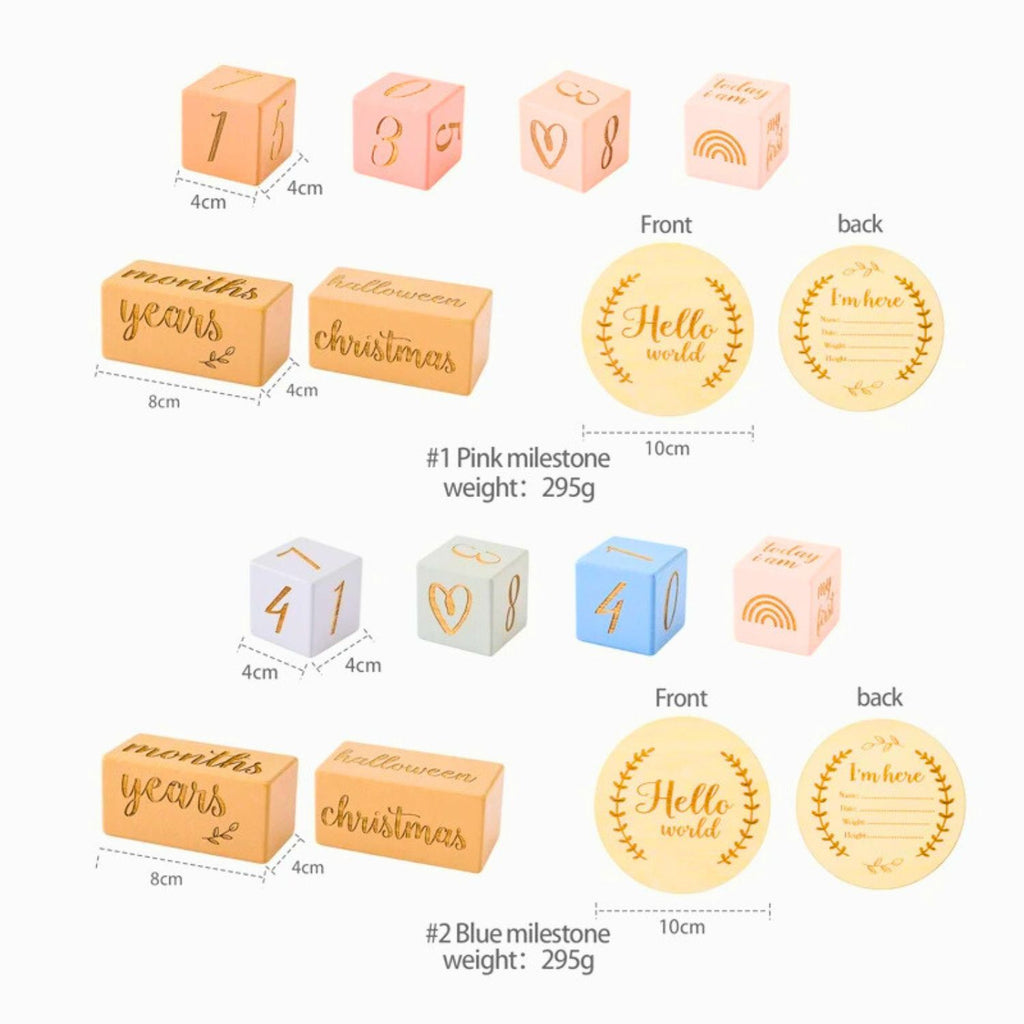 Wooden baby milestone blocks blue and pink and natural wood color