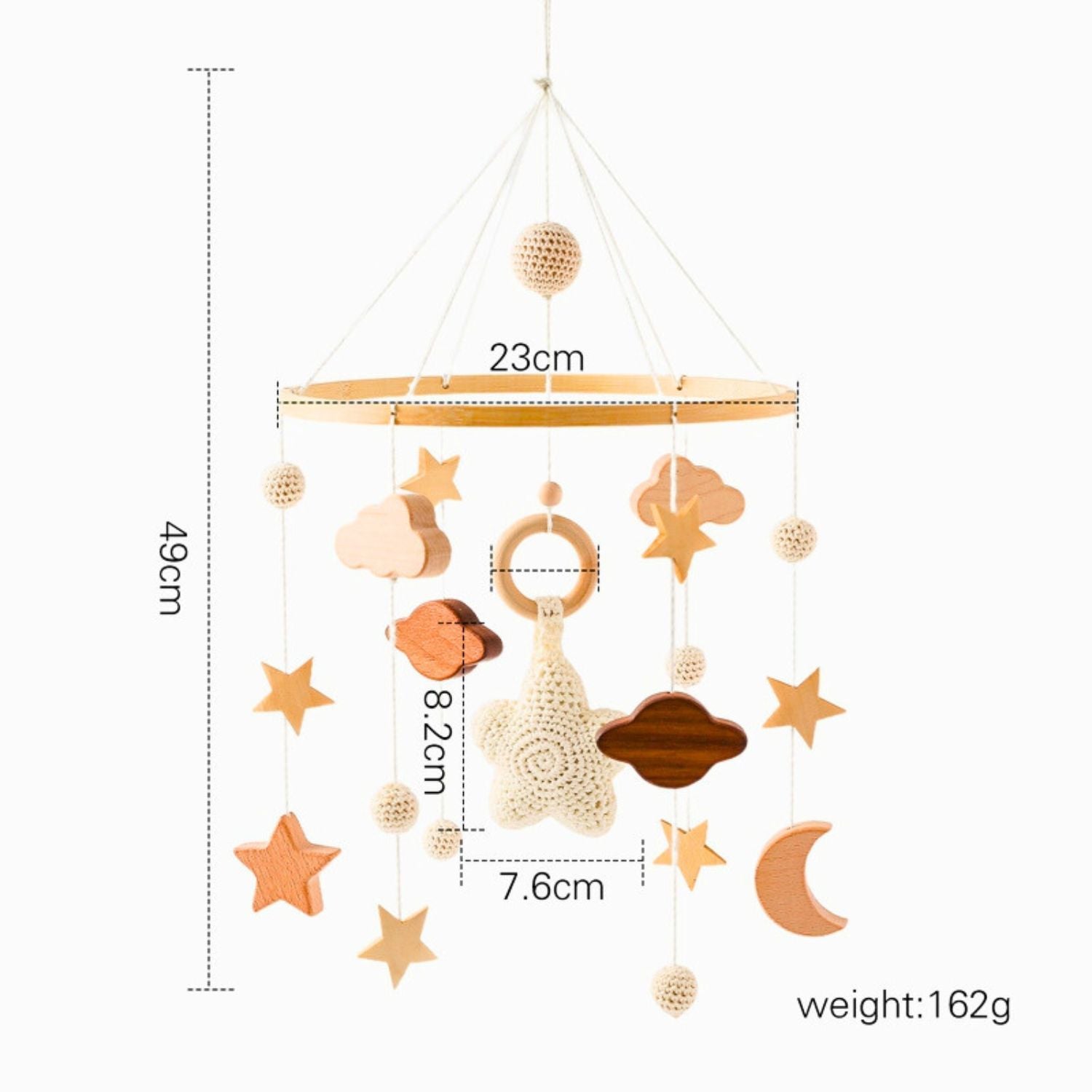 Wooden baby mobile for crib with wooden clouds and stars and crochet star and balls measurements