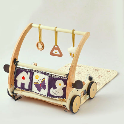 Wooden baby walker with baby play gym and pay mat