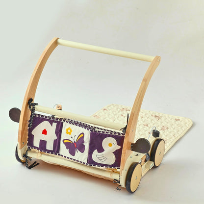 Wooden baby walker with baby play gym and pay mat